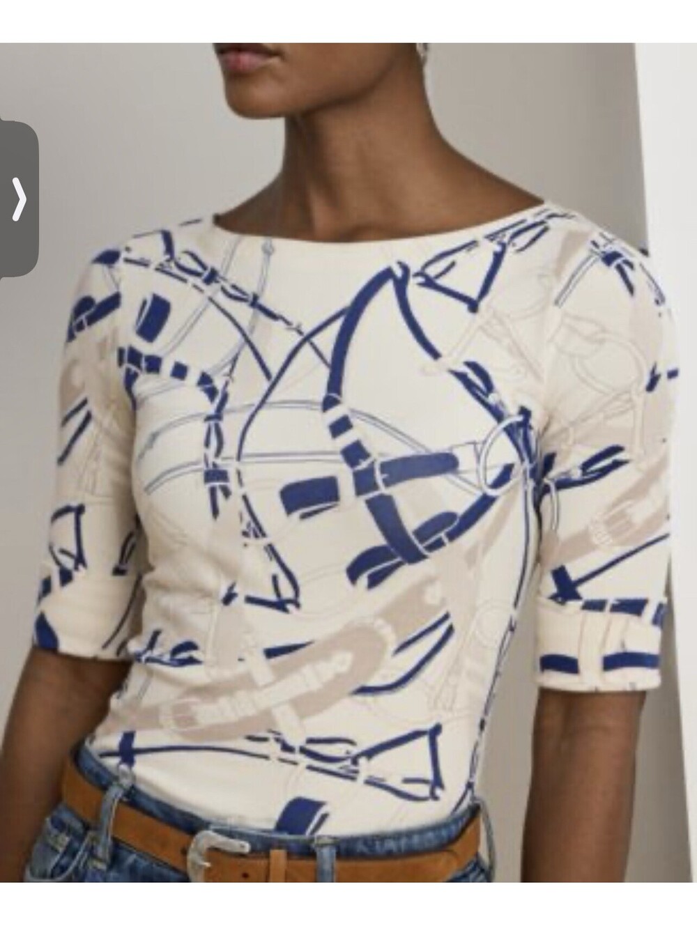 Lauren Ralph Lauren Belting-Print Cotton Boatneck Top Equestrian Bridle Medium M